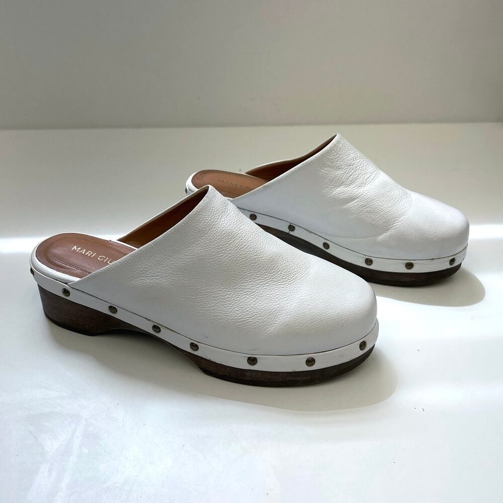 Mari Giudicelli Urca Leather Clogs Studded Wood Heel Round Toe Comfort - 37/US7